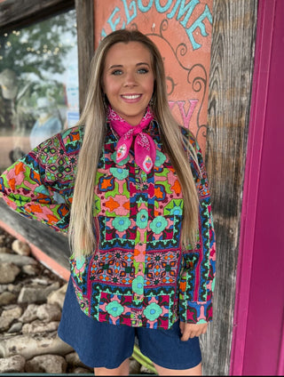 Boho Tile Print Oversized Button Up by Ivy Jane