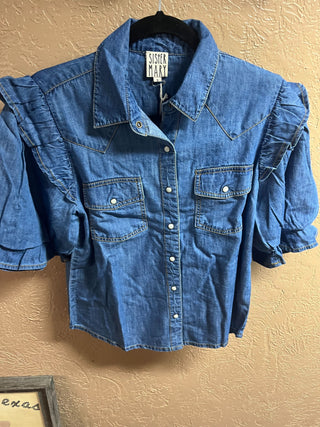 Denim Ruffle Puff Sleeve Western Snap Shirt by Ivy Jane