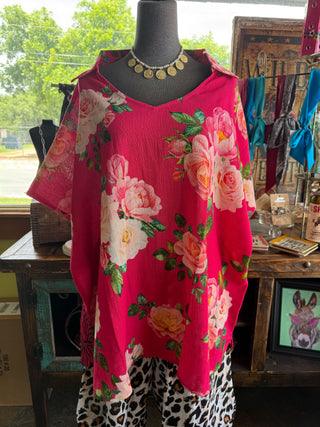 Pink Flower Tiger Collar Top