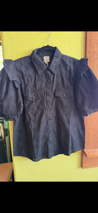 Black Embroidered Puff Sleeve Western Snap Shirt by Ivy Jane