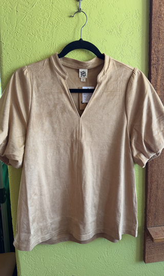 Faux Suede V Neck Puff Sleeve Top | Camel