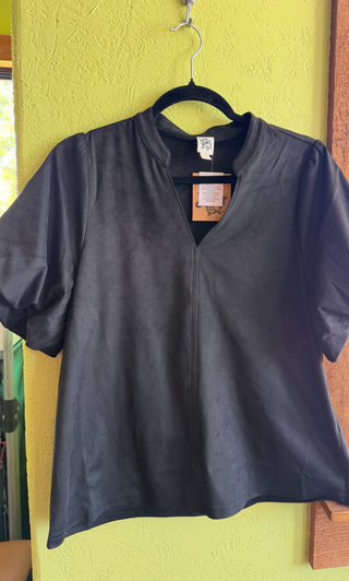 Faux Suede V Neck Puff Sleeve Top | Black
