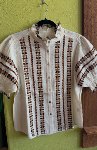 Ivory Folk Embroidered Stripe Ruffle Neck Blouse