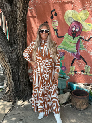Geometric Belted Maxi Dress | Caramel