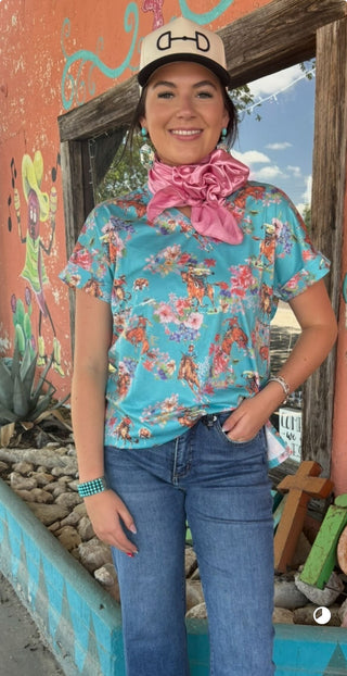 Bronco Blue Floral V Neck Tee