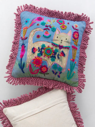 Floral Cat Embroidered Fringe Pillow