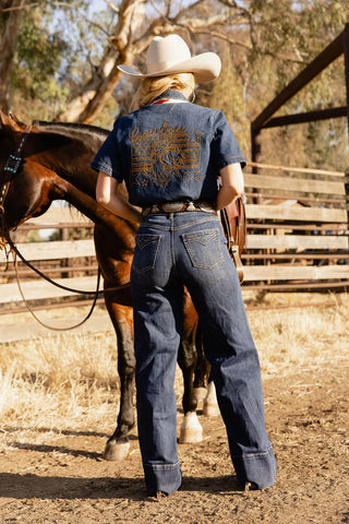 Dark Wash Gold Pocket Stitch Flare Jean