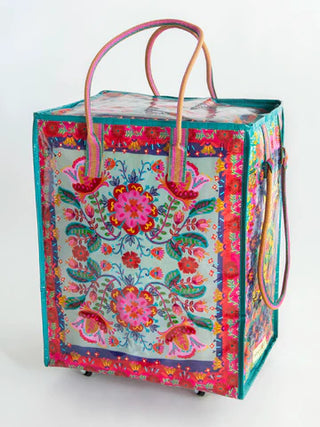 Red Folk Flower Small Rolling Tote Bag