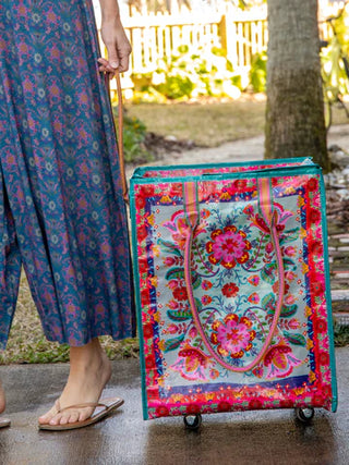 Red Folk Flower Small Rolling Tote Bag