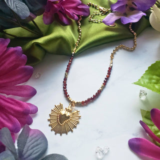 Sacred Heart Garnet beaded charm necklace