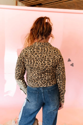Canyon Cat leopard-print cropped denim jacket with black pearl snaps