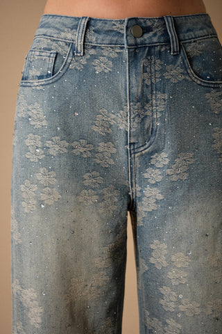 Floral Print Rhinestone Wide Leg Jeans