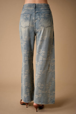 Floral Print Rhinestone Wide Leg Jeans