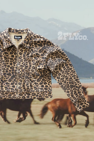 Canyon Cat leopard-print cropped denim jacket with black pearl snaps