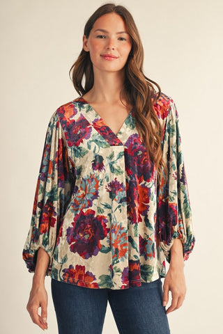Jewel Floral Velvet Balloon Sleeve V Neck Blouse