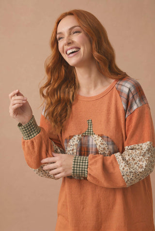 Pumpkin Patchwork Waffle Knit Balloon Sleeve Top
