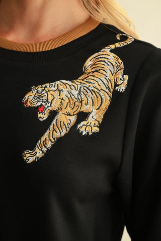 Tiger Embroidered Crew Neck Pullover