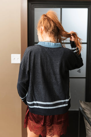 Bronc Blues denim-inspired zip-front Western knit cardigan