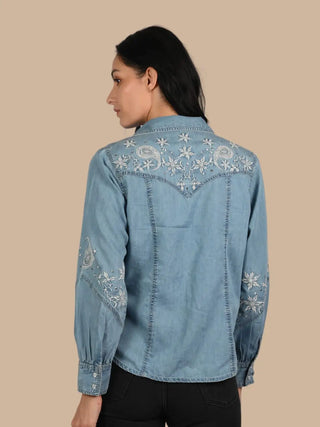 Embroidered Denim Western Button Down Shirt