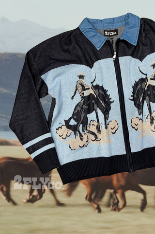 Bronc Blues denim-inspired zip-front Western knit cardigan
