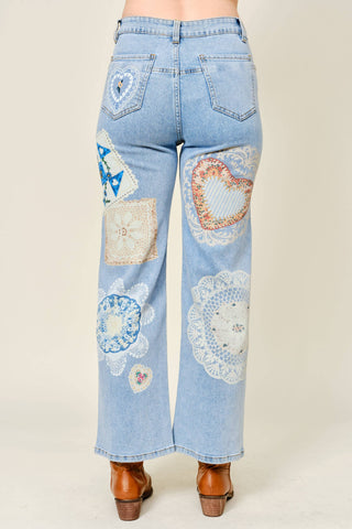 Vintage Lace Patch Print Jeans | Light Wash Straight