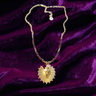 Sacred Heart Garnet beaded charm necklace