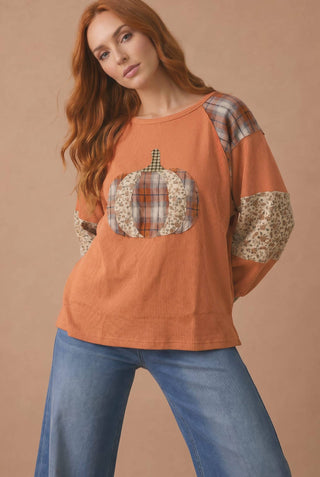 Pumpkin Patchwork Waffle Knit Balloon Sleeve Top