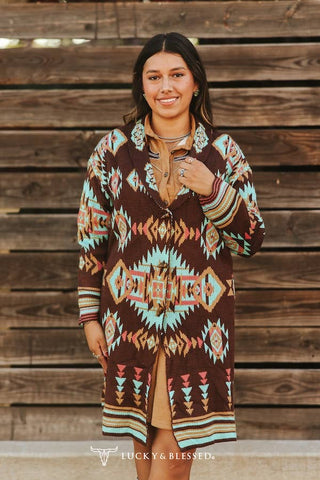 Brown Turquoise Aztec Knitted Cardigan Sweater
