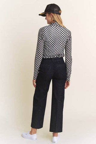 Long Sleeve Checkered Mesh Mock Neck Top
