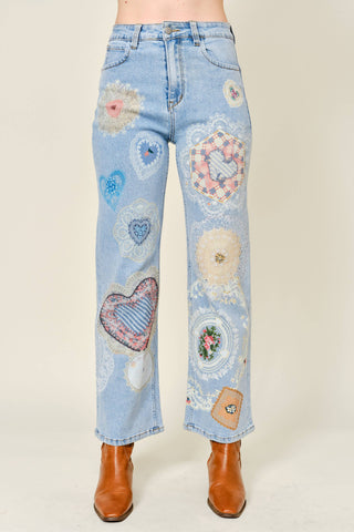 Vintage Lace Patch Print Jeans | Light Wash Straight