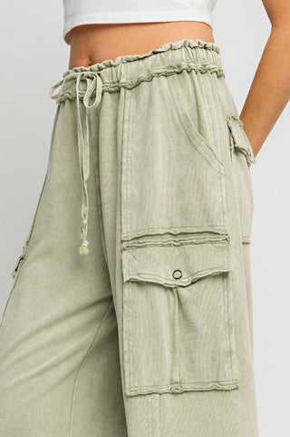 Mineral Wash Wide Leg Pants - Light Olive
