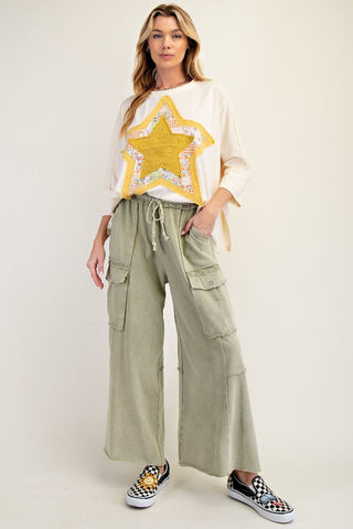 Mineral Wash Wide Leg Pants - Light Olive