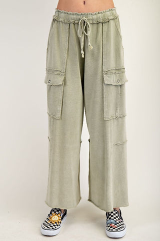 Mineral Wash Wide Leg Pants - Light Olive