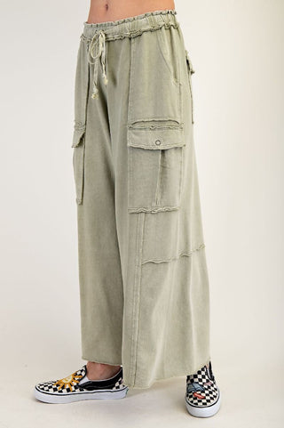 Mineral Wash Wide Leg Pants - Light Olive