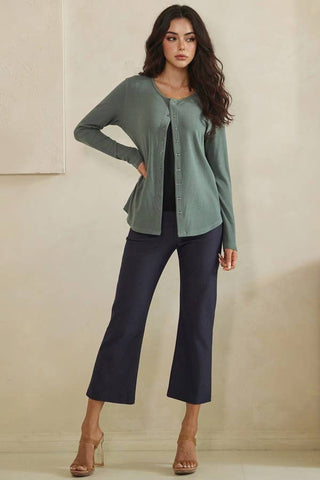 Soft Season ribbed snap-front cardigan in Black and Smokey Olive