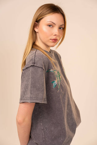 Swallow Embroidered Mineral Wash Tee
