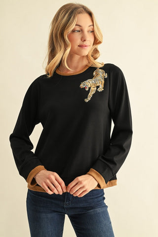Tiger Embroidered Crew Neck Pullover
