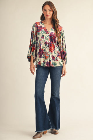 Jewel Floral Velvet Balloon Sleeve V Neck Blouse