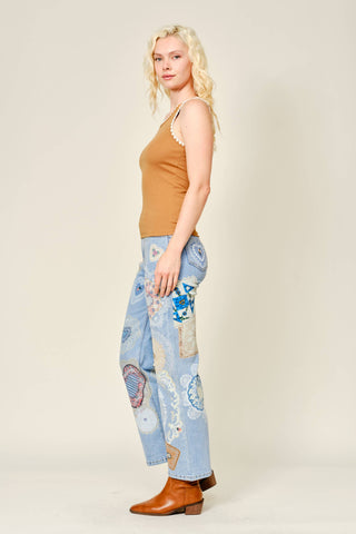 Vintage Lace Patch Print Jeans | Light Wash Straight