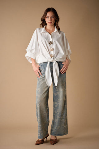 Floral Print Rhinestone Wide Leg Jeans
