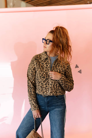 Canyon Cat leopard-print cropped denim jacket with black pearl snaps