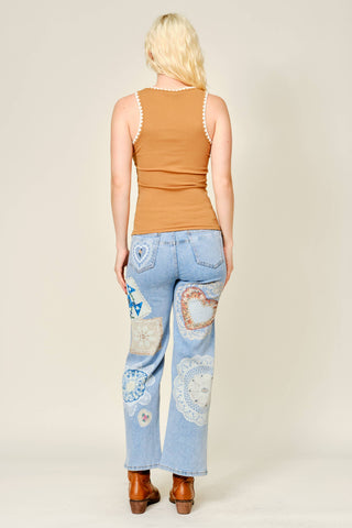 Vintage Lace Patch Print Jeans | Light Wash Straight
