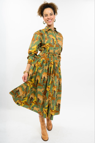 Sienna Green Horse Button-Down Maxi Dress
