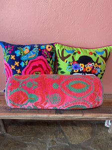 Hot Pink Embroidered Bolster Pillow