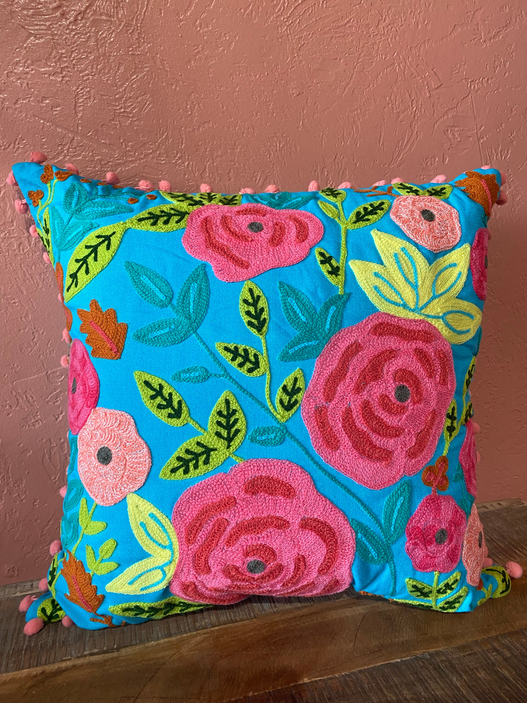 Blue Floral Embroidered Pillow