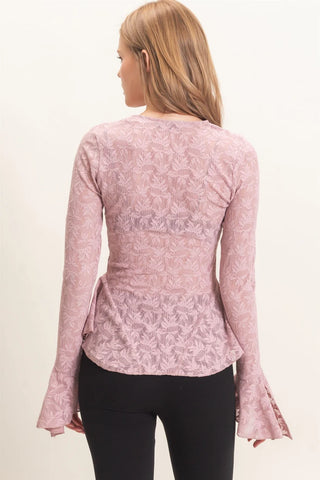 Mauve Belle Lace V-Neck Flare Sleeve Top