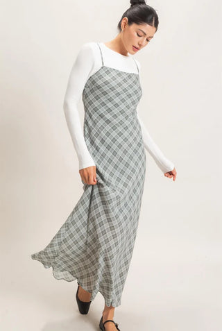 Sagebrush Plaid Spaghetti Strap Maxi Dress