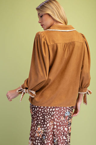 Camel V-Neck Suede Top - by Easel