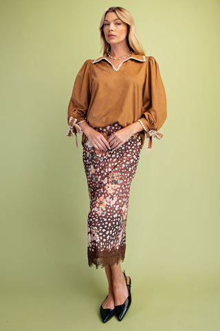 Camel V-Neck Suede Top - by Easel