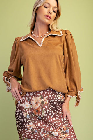 Camel V-Neck Suede Top - by Easel
